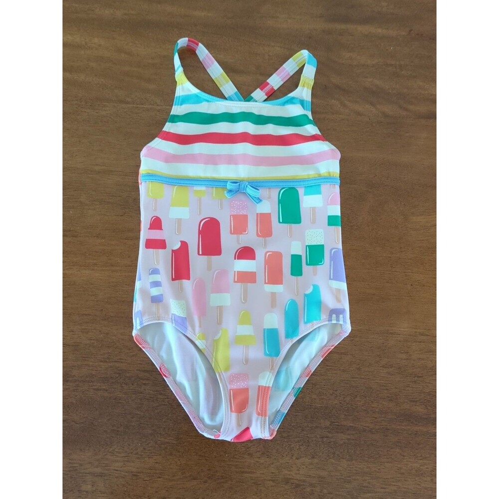 Mini Boden Girls  Pink Cross-Back Printed Swimsuit popsicles size 5/6 GUC